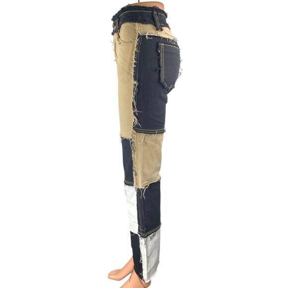 Womens Black Beige Colorblock Patchwork Frayed High Rise Straight Denim Jeans XS - Picture 2 of 5